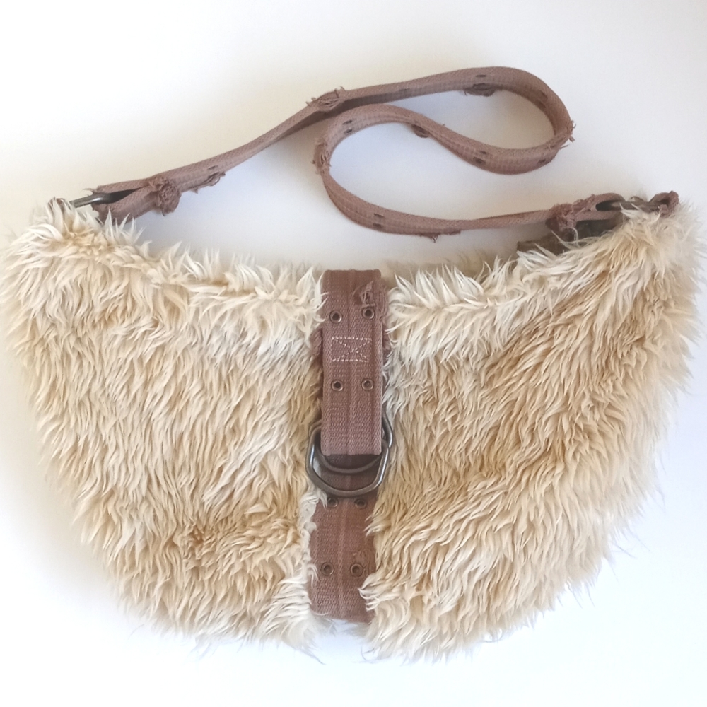 Vintage Faux Fur Burning Man Purse / Hobo Bag Thick Canvas Straps Brass Hardware